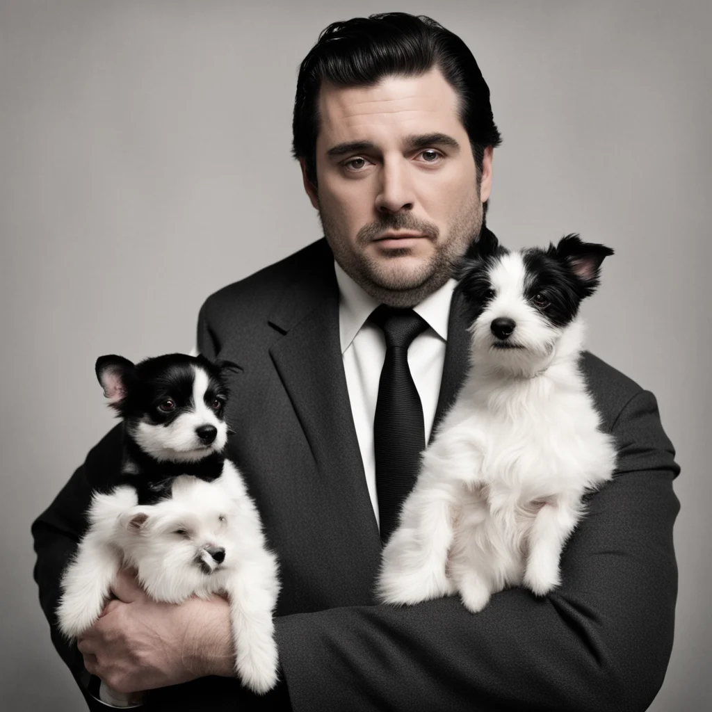 Ethan Klein as the godfather holding a small white terrier and a small black terrier  black and white  antique photoar 5
