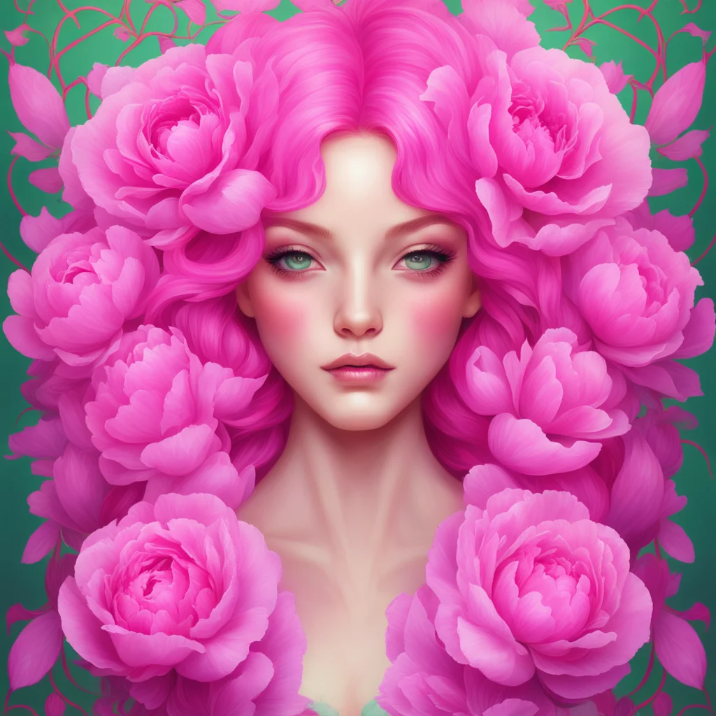 Ethereal goddess of peonies beautiful pink hair woman lots of flowers symmetrical face art nouveau portrait cute playful
