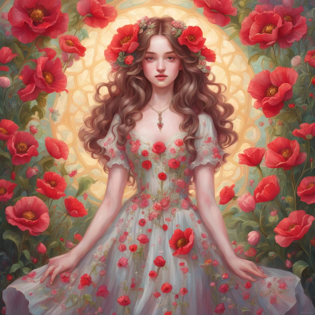 Ethereal goddess of poppies beautiful balyage light brown hair woman like Dilraba Dilmurat california girl wearing a flo