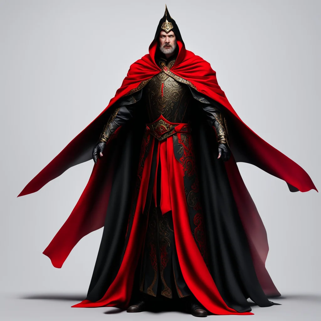 Evil emperor in waving regal robes and cape black and red
