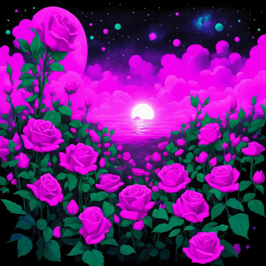 Expressive gouache and ink illustration of a mystery garden full of roses to another galaxy vaporwave neon  dark sky bla
