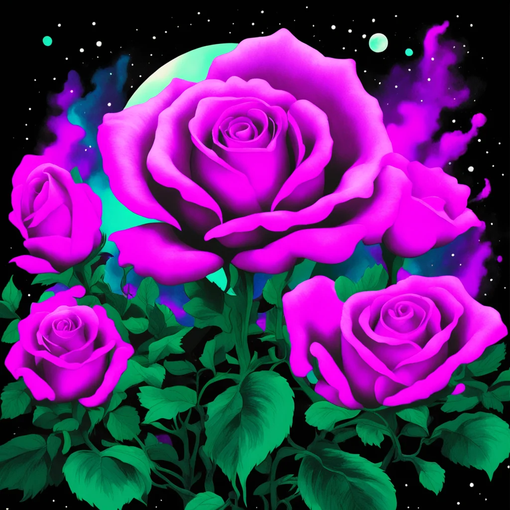 Expressive gouache and ink illustration of a rose garden in a galaxy vaporwave neon  dark sky black light  retro dark vi