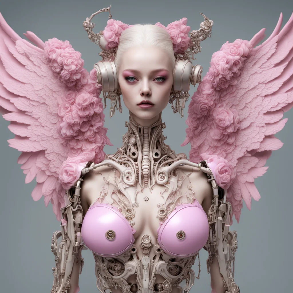 Exquisite ceramic mechanical bones precious jewelry female characters subtle pink tones eschatological background cyberp