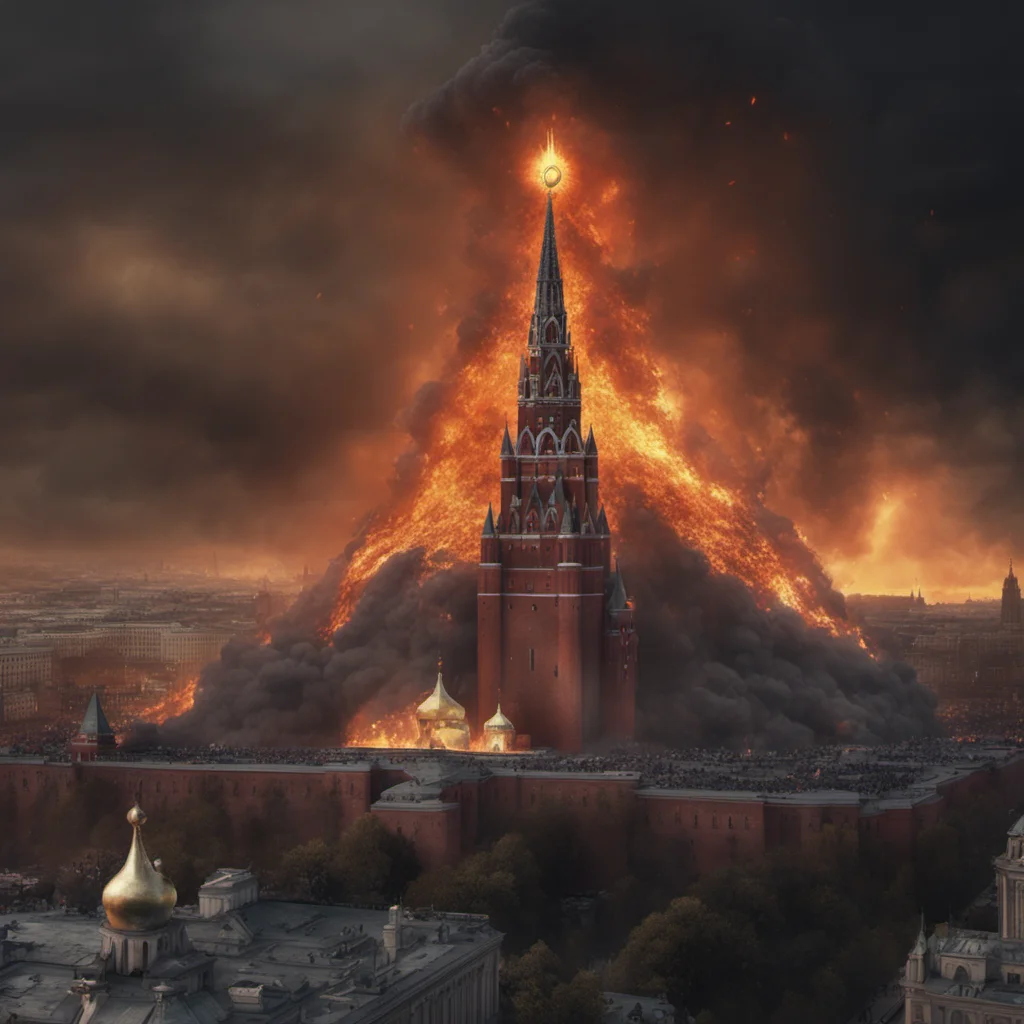 Eye of sauron on top of kremlin  mordor  hyper realistic  very detailed  dark sky  night  fire  flairs  people  crowd  chaos  smoke  explosions 