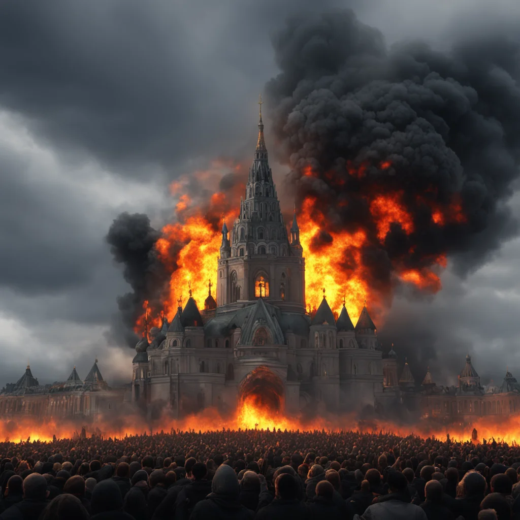 Eye of sauron on top of kremlin  mordor  hyper realistic  very detailed  dark sky  night  fire  people  crowd  chaos  sm