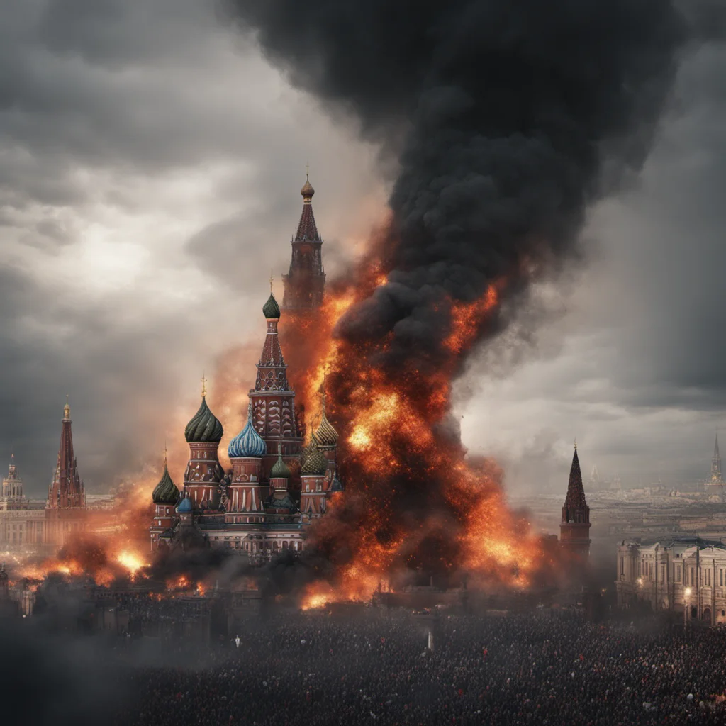 Eye of sauron on top of kremlin  mordor hyper realistic  very detailed  dark sky  night  fire  people  crowd  chaos  smoke  explosions moscow  pr