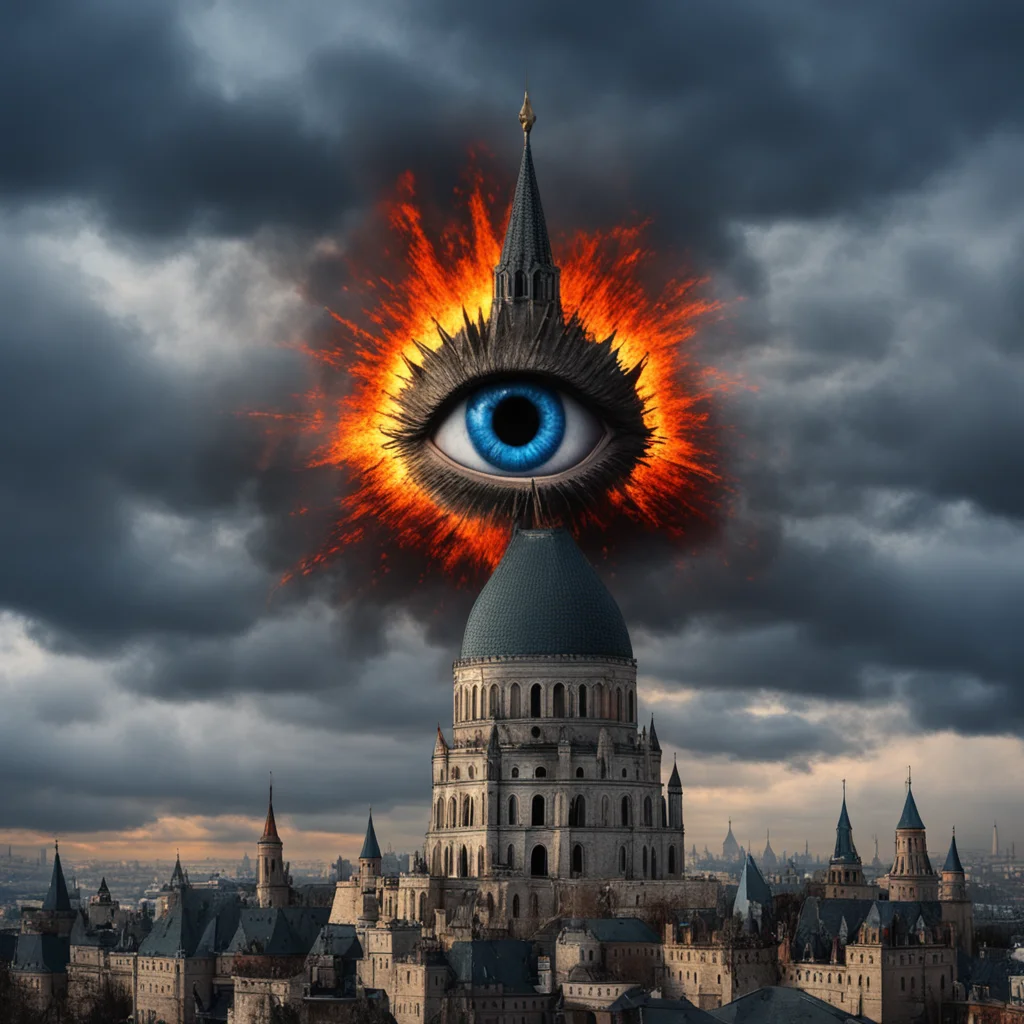 Eye of sauron on top of kremlin5  mordor  dark sky  evening  fire  explosions  gloomy  muted colours  foggy  renaissance