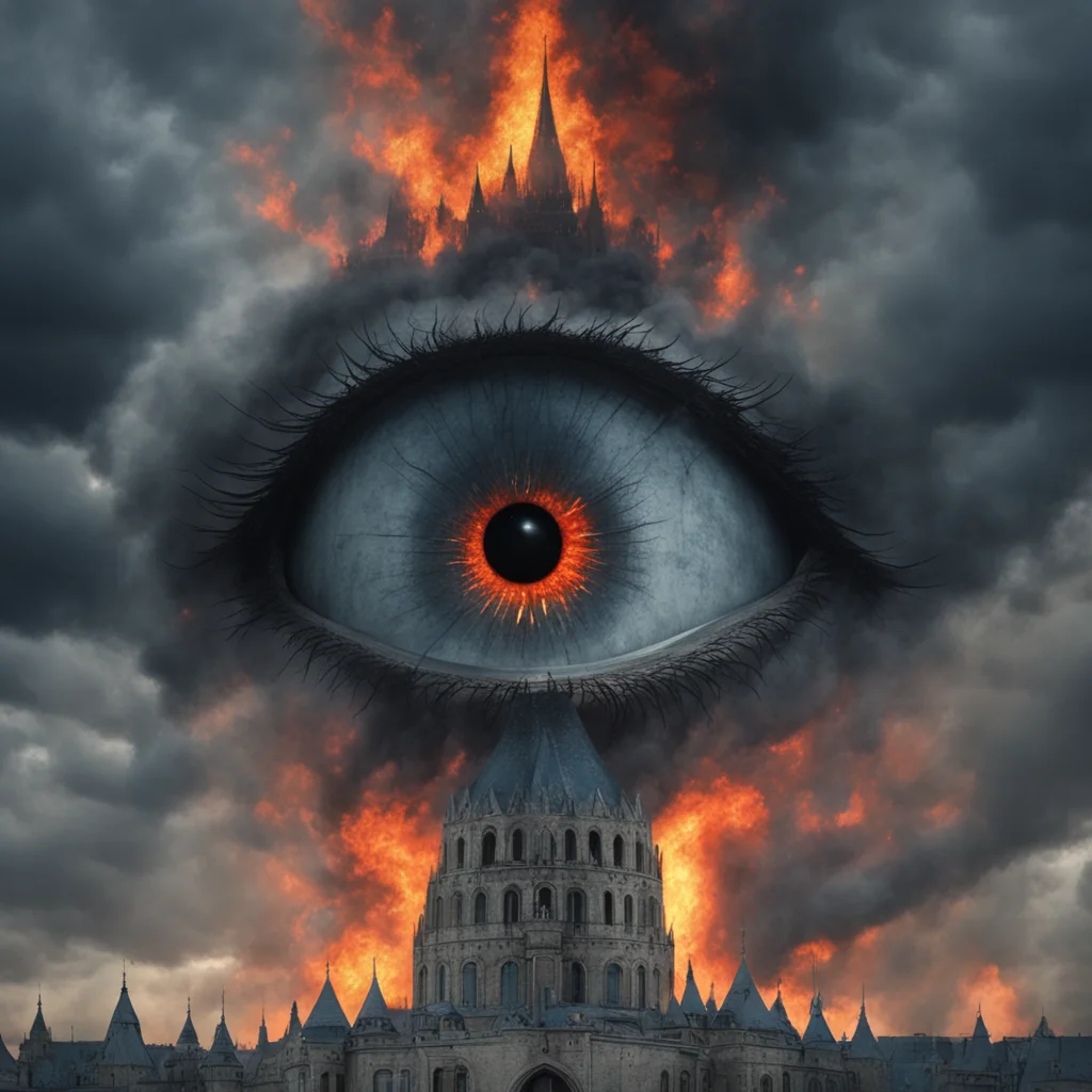 Eye of sauron5 on top of kremlin5  mordor  evening  fire  explosions  gloomy  muted colours  foggy  renaissance painting
