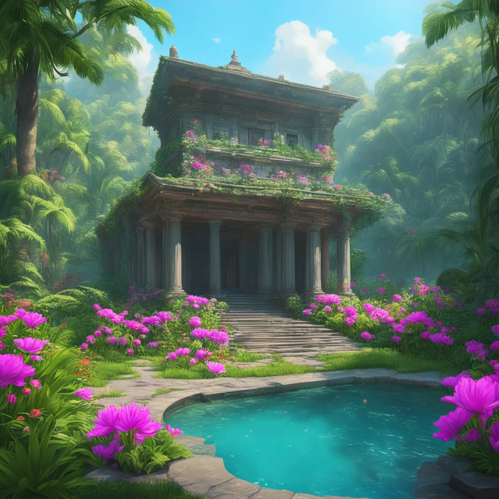 Fights out of spitered pool surrounded by brightly colored flowers next to a hidden temple deep in the jungle abandoned 