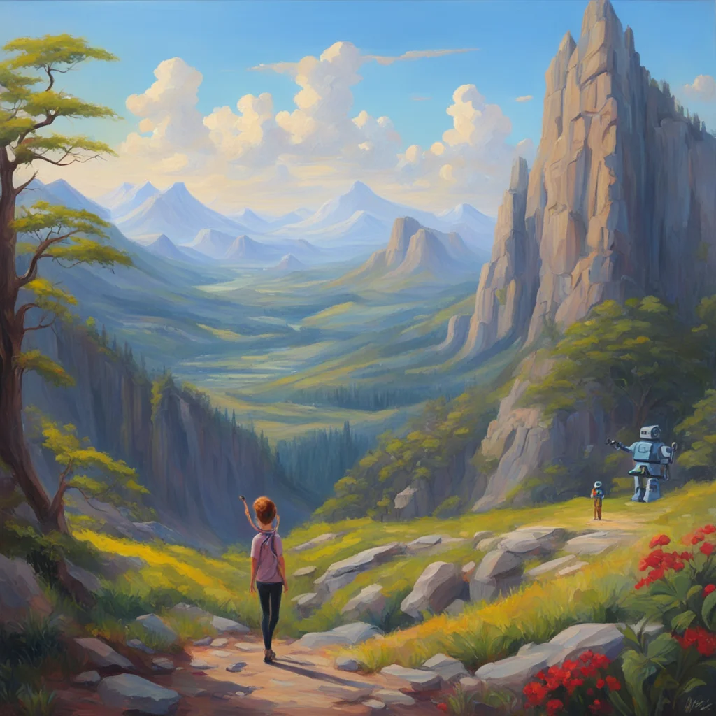 Fine oil painting In a beautiful mountain setting there is a student in the distance pointing to a plant A small robot w