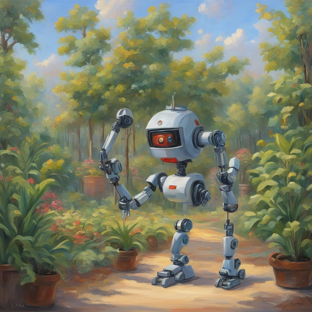Fine oil painting In a beautiful outdoor setting there is a student pointing to a plant A small robot watches her Wide a
