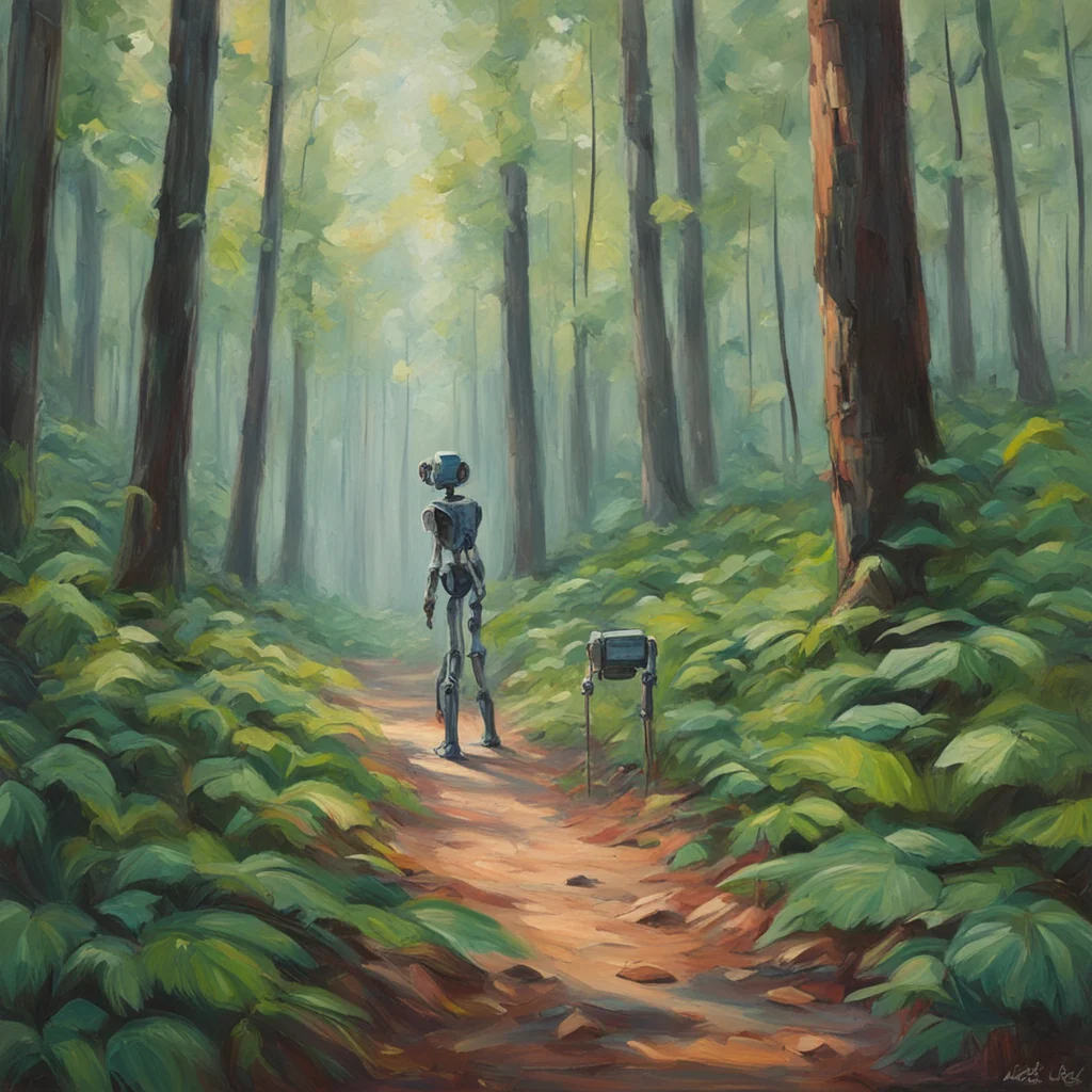 Fine oil painting In a lush forest setting there is a student in the distance pointing to a plant A small robot watches 