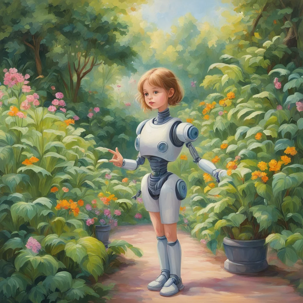 Fine painting of a girl looking and pointing to a plant in a lovely garden setting She is not a robot but a small robot 