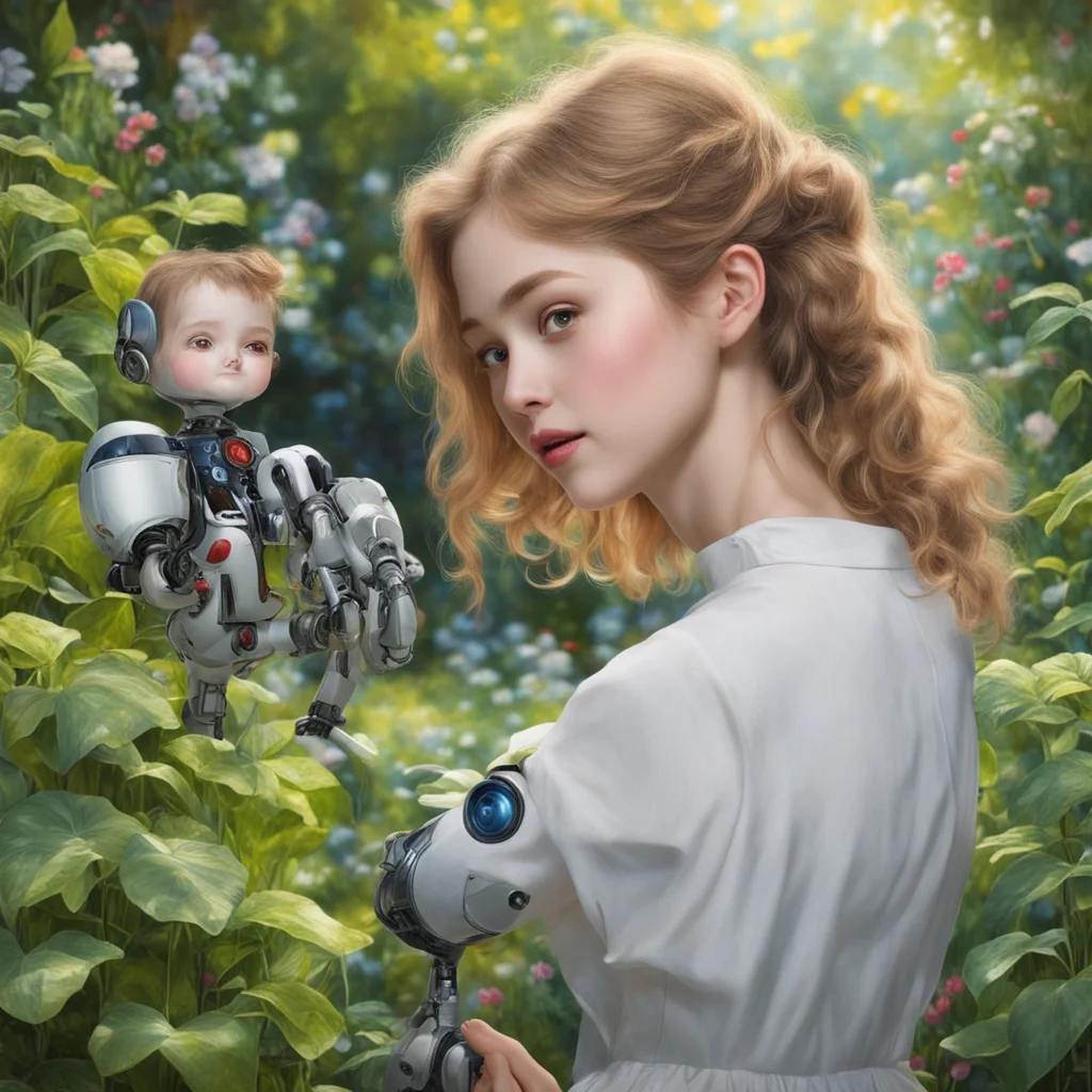 Fine painting of a girl with a beautiful face pointing to a plant in a lovely garden setting A small robot is next to he