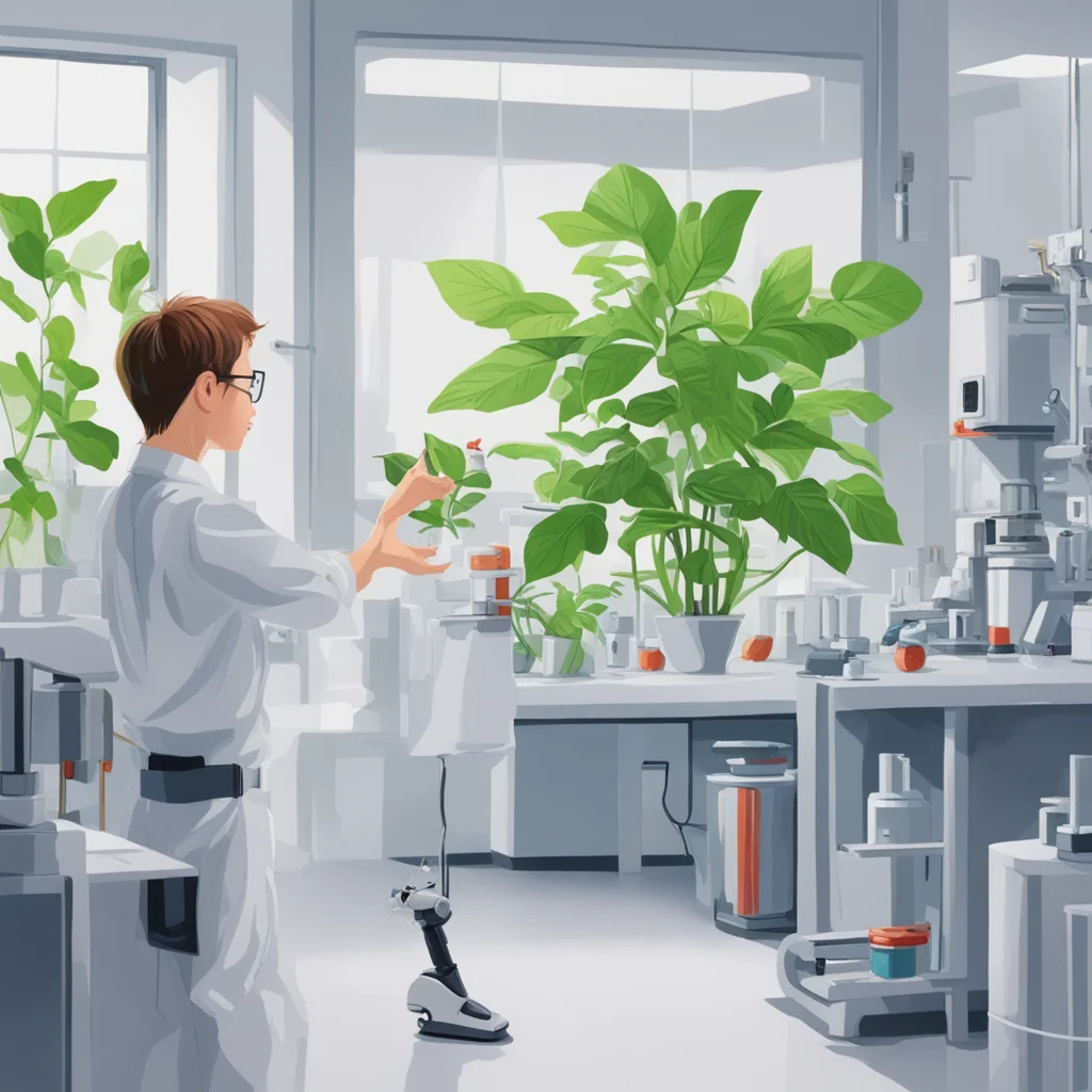Fine painting of a student pointing to a plant in a busy laboratory setting A small robot is in the corner w 320 h 180