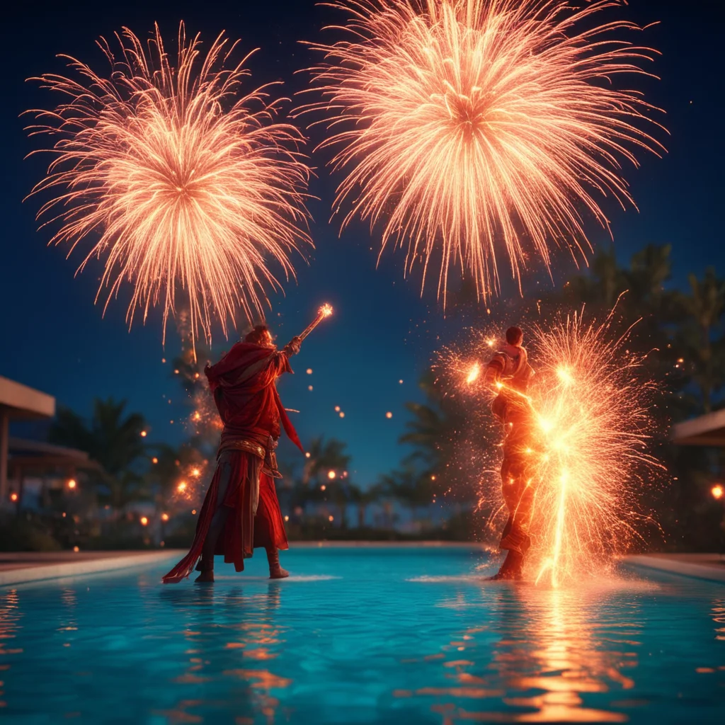 Fire mage battle duel between two with fireworks at night in front of a pool highly detailed cinematic volumetric lighti