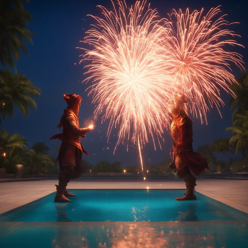 Fire mage duel between two with fireworks shooting at each other at night in front of a stunning pool highly detailed ci