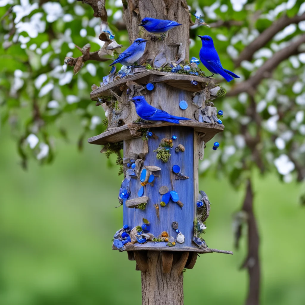 Florida Scrub Jay birdhouse colony made of collected silver and blue trinkets located in a single extremely tall oak tree — ar 1117