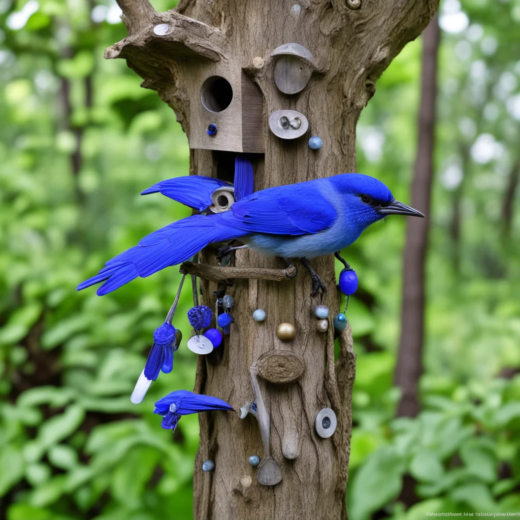Florida Scrub Jay birdhouse sanctuary made of collected silverware and blue trinkets located in a single extremely tall 