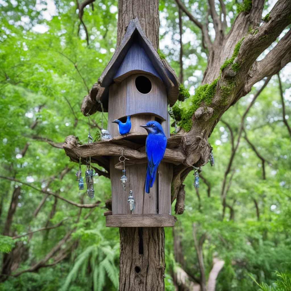 Florida Scrub Jay birdhouse sanctuary made of collected silverware and blue trinkets located in a single extremely tall oak tree overlooking a lush woodland ca