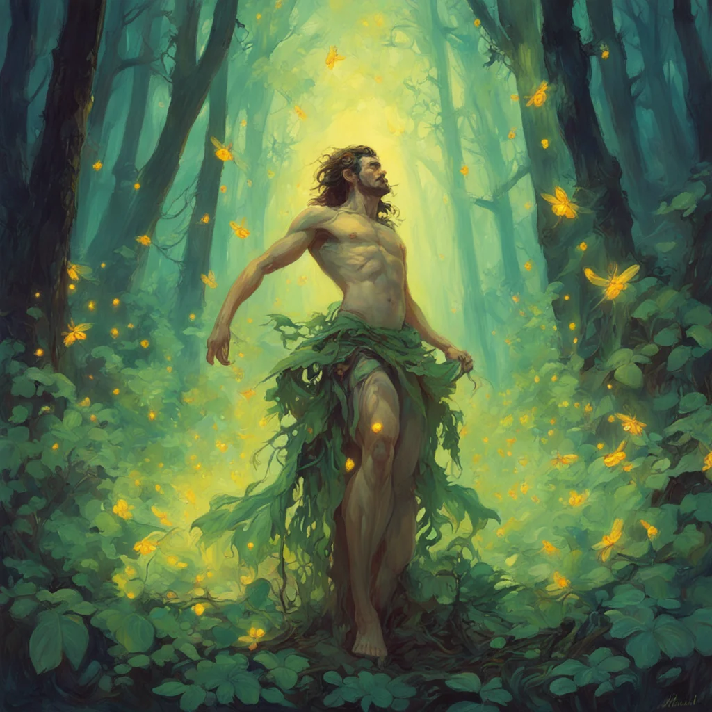 Forrest with glowing fireflies In the style of frank frazetta  john singer sargent alphonse mucha james jean Ashley Wood