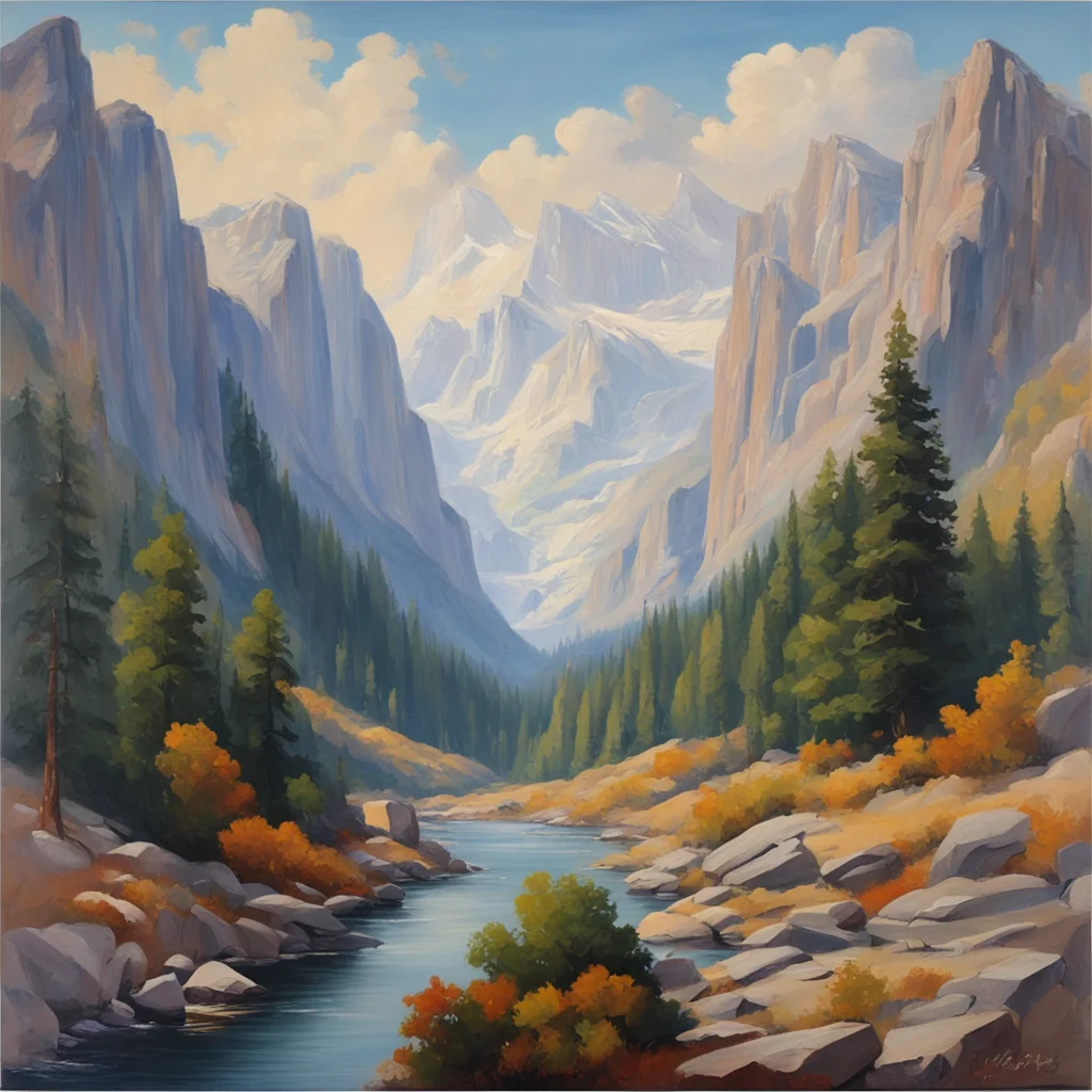 Frida Kahl hand painted oil painting Yosemite Valley above Merced River scenery splendor landscape mid century style ar 