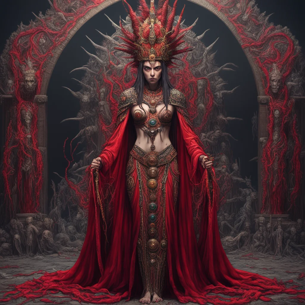 Full body Ultra wide shot Royal splatterpunk Anunnaki Matriarch in crimson robes Obsidian crown with thorns Revealing My
