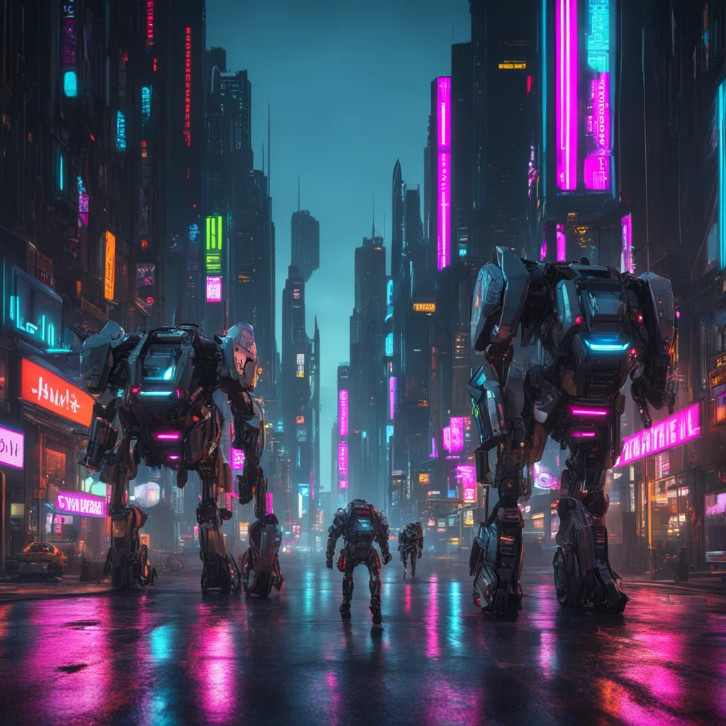 Futuristic city Mechs walking down the street late at night Cyberpunk Unreal Engine 8k HD picture