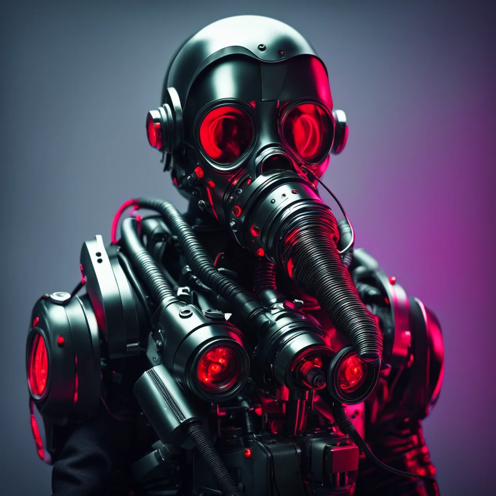 Futuristic cybernetic gas mask with technological advancements and glowing red lights breathing tubes and filters
