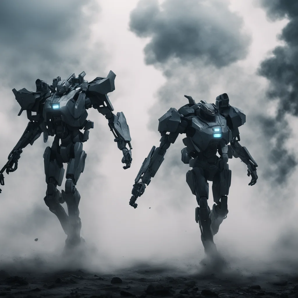 Futuristic mech soldiers running through smoke battlefield destiny warframe wide angle unreal engine dark stormy evangel