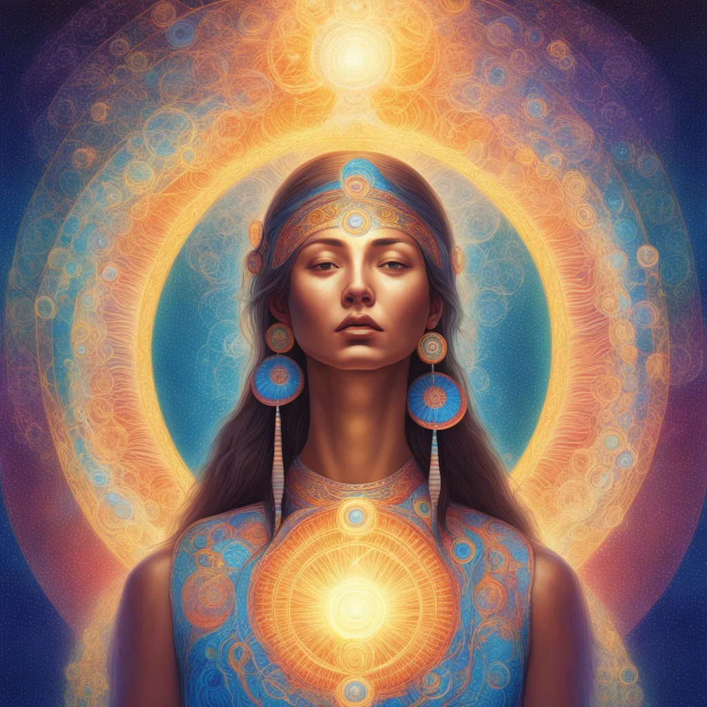 Gaia as a beautiful athletic native American woman ascension celestial hierarchies of concentric circles as a Moebius pa