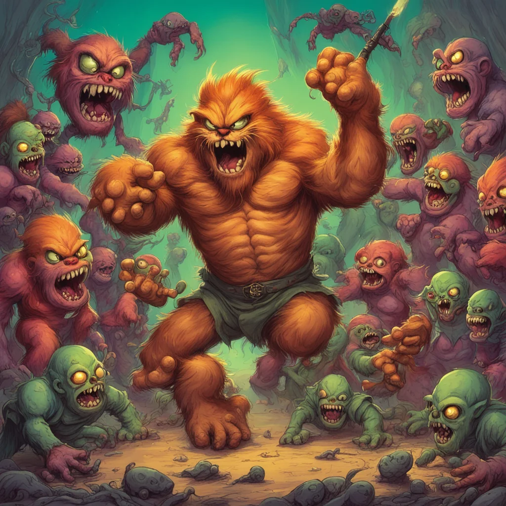Garfield fighting off a horde of zombie trolls in the style of Bruce Pennington