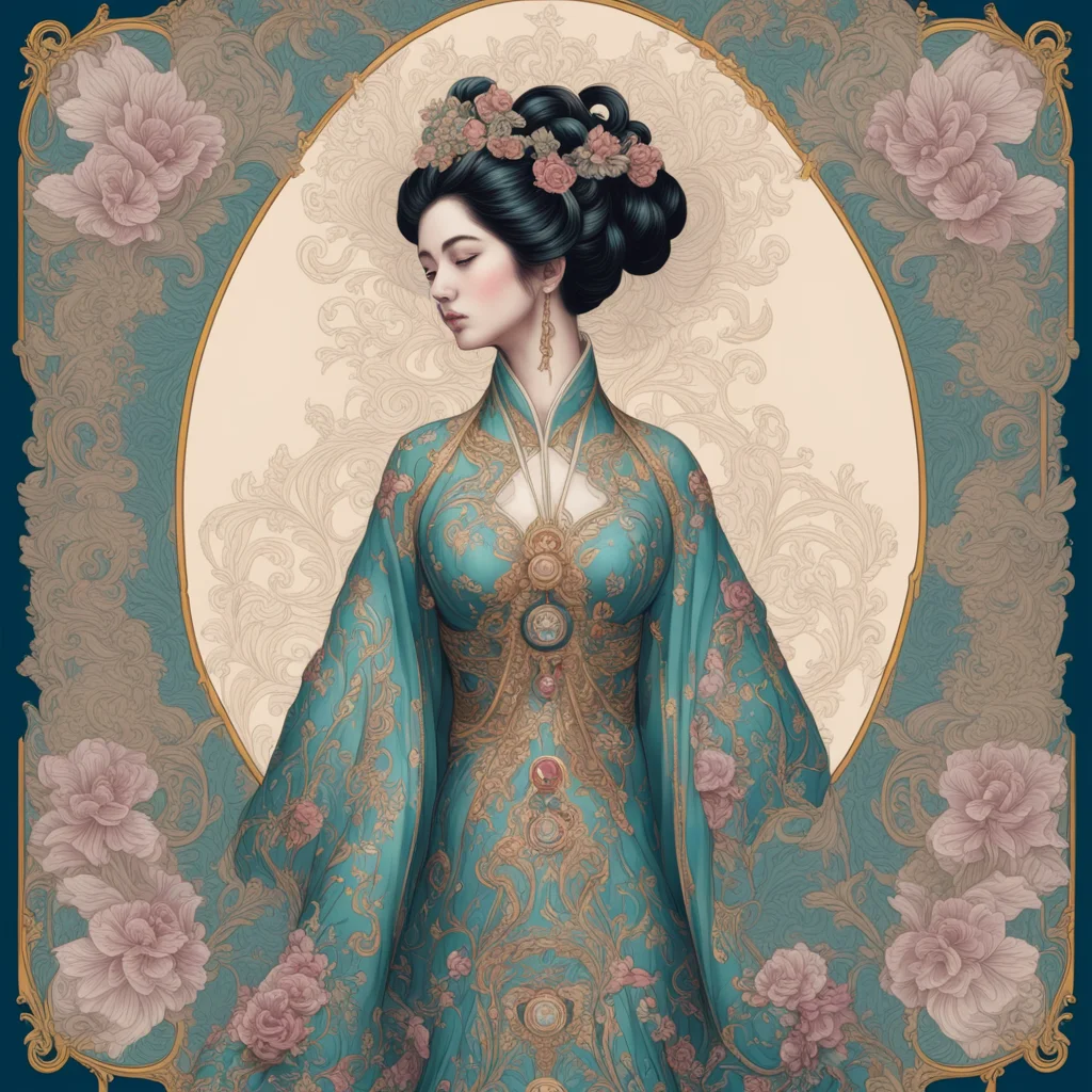 Geisha Kimonovirgo virginal goddess beautiful  tarot cardornate border fine detail linework limited color palette rococo
