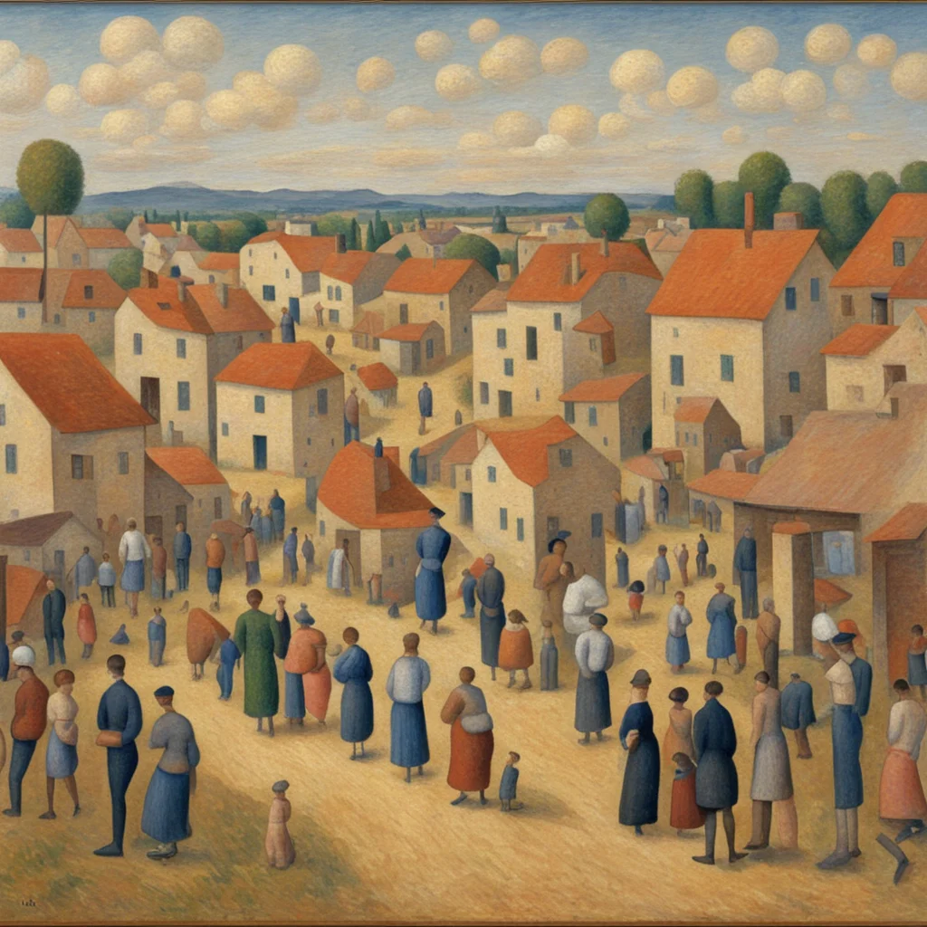 Georges Seurat painting of a busy village daily life with many details wide angle shot w 320 h 180