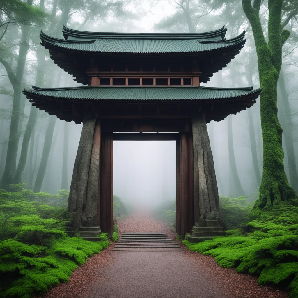 Ghibli style torii gate witches den in the woods with ornate front door and ground level fog rolling in aspect 916