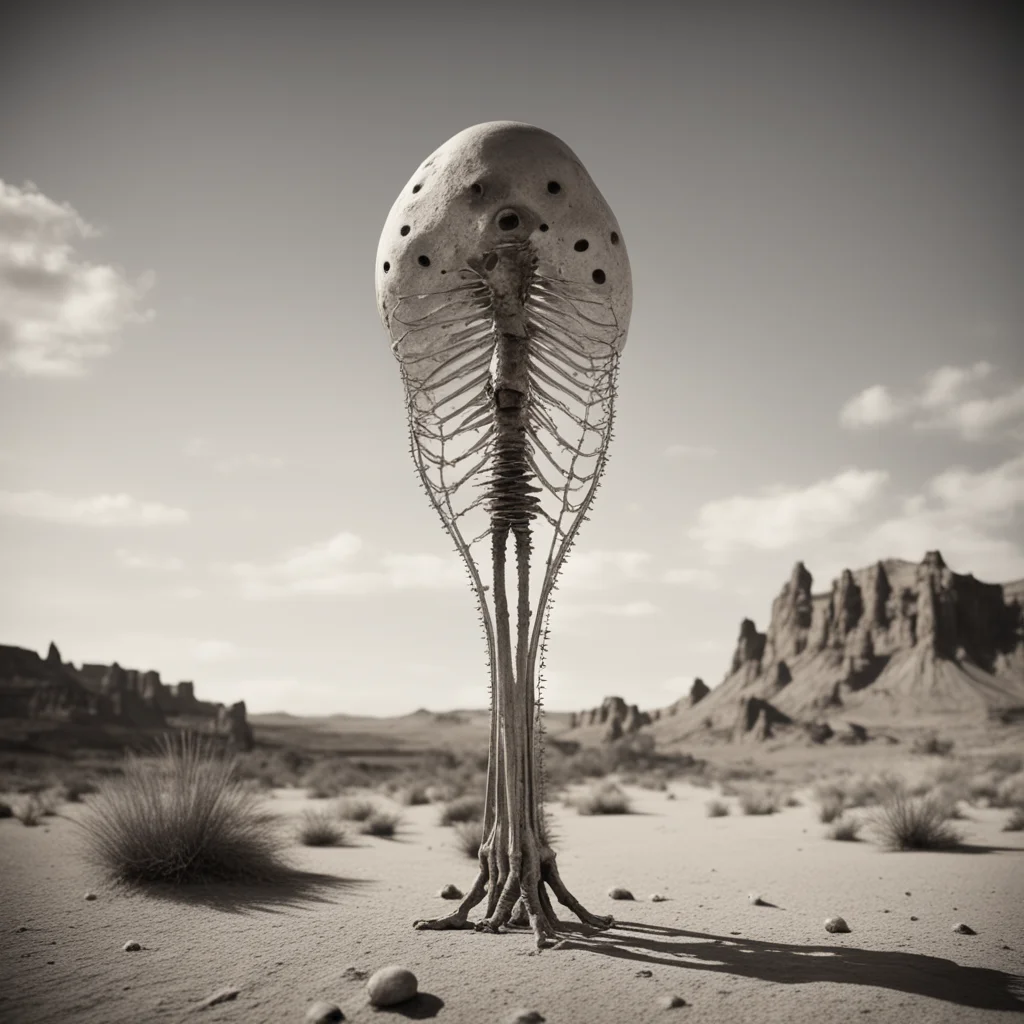 Giant Diatom skeleton in Hoodoo Desert releasing spores to the wind realistic detailed low angle beautiful cinematic ali