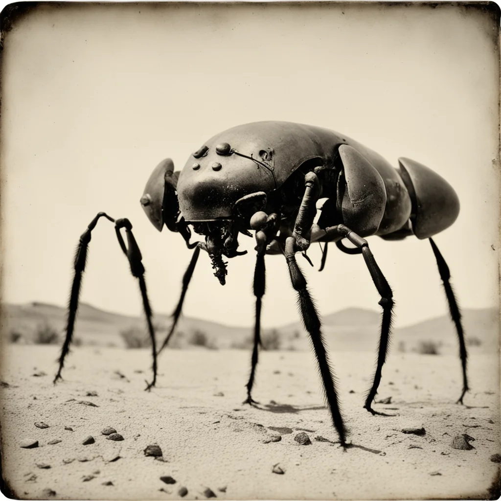 Giant Fly Tank Skeleton Hybrid in the desert Tintype 1800s