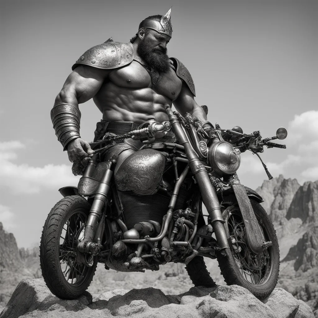 Giant GladiatorBiker baroque spikes detailed high render realistic detailed low angleno crop Tintype by Ansel Adams ar 9