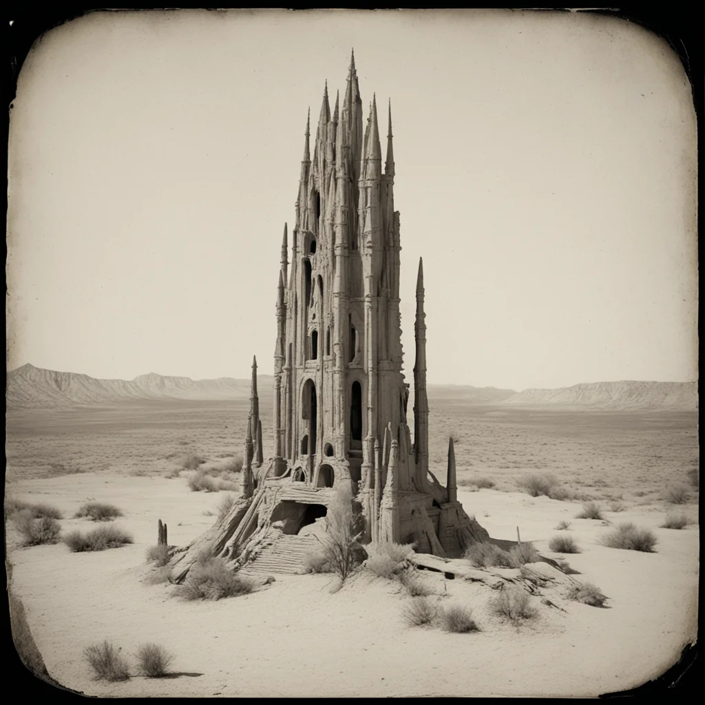 Giant Gothic Architecture Bird God Skeletal remains in Hoodoo dry desert ultra high detail Tintype 1800s