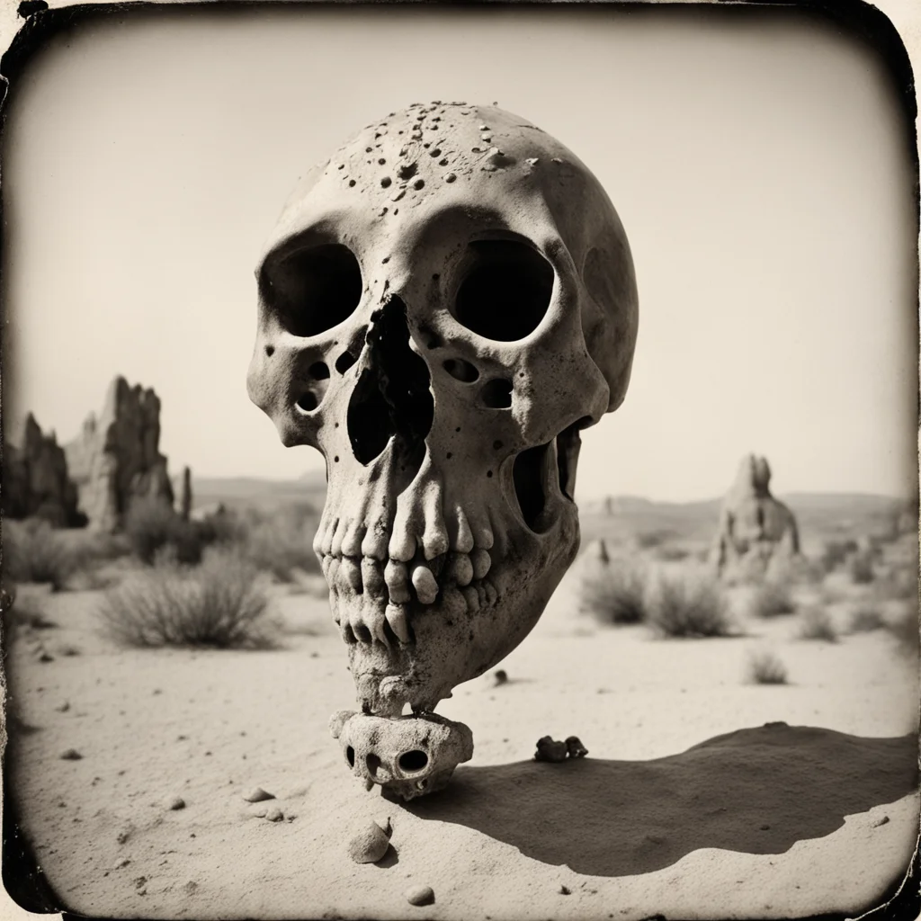 Giant beautiful Tryptophobia Ornate Gothic Bird skull in desert of Hoodoos low angle realistic Tintype 1800s