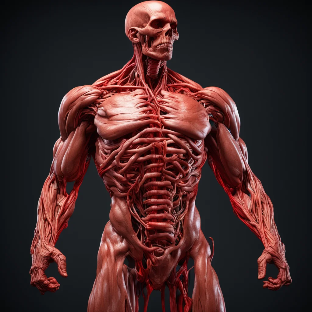 Giant human écorché anatomy muscles with cables and exhaust pipes Highly realistic octane render dark background foregro
