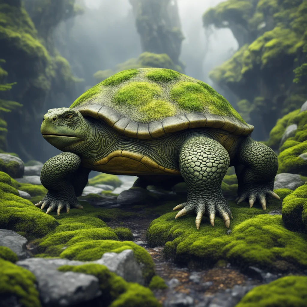 Giant old turtle carries ancient rocky mossy labyrinth on yggdrasil realistic photography 4k render cold complementer co