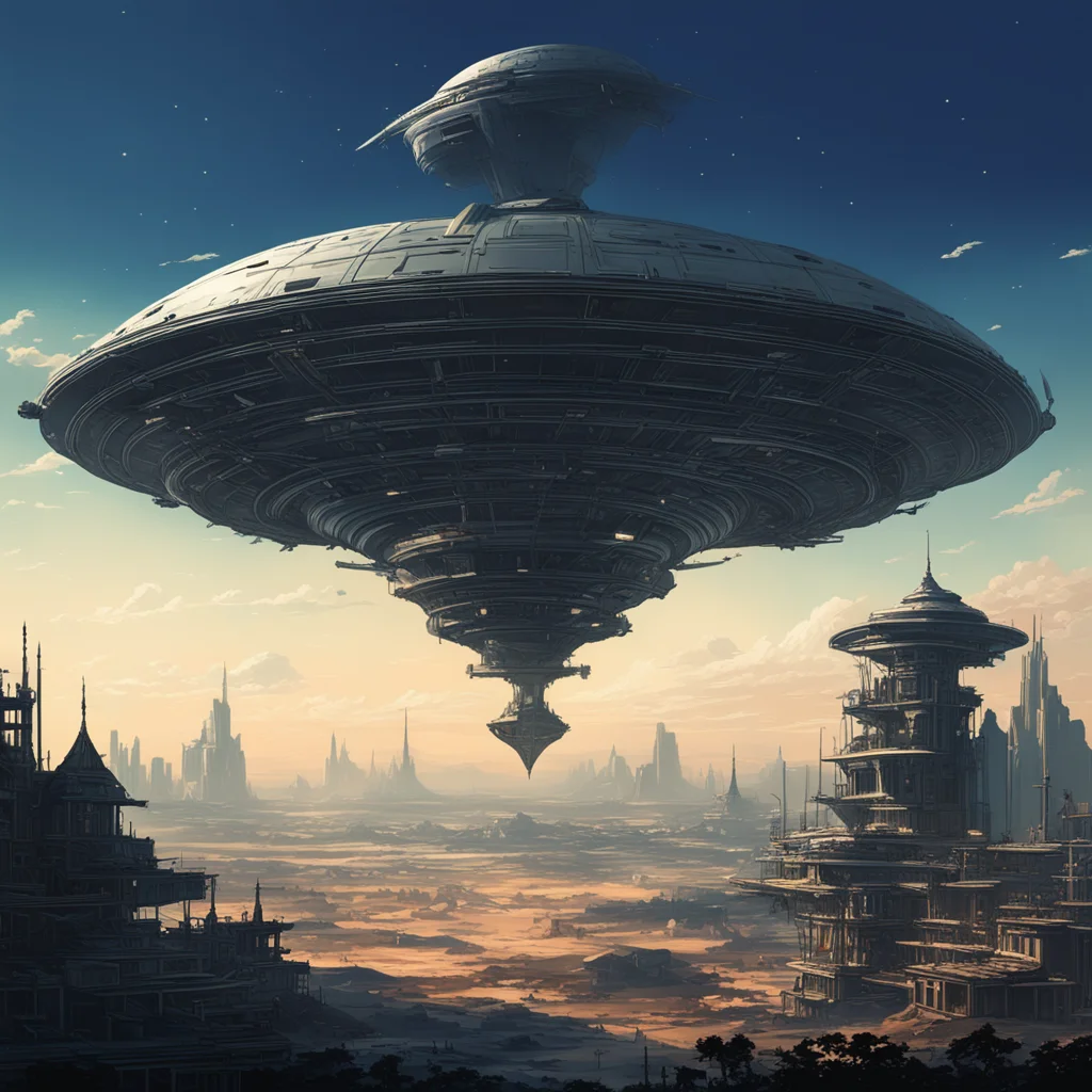 Gigantic mother ship spaceship landing in the distance In the foreground and lower half of frame is silhouette of houses