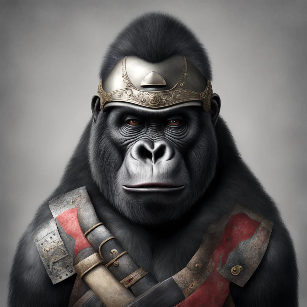 Gorilla wearing a samurai helmet realistic portrait