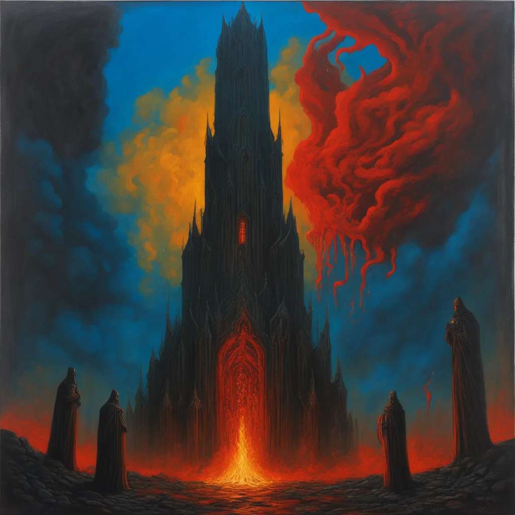 Gothic macabre tall Tower of Athanor with groups of dark cultists cloaked figures outside of tower Tower has a fire furn