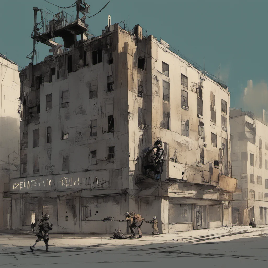 Graphic Illustration Creative Design Cyberpunk City neat buildings Character Design people relic lettering on the building by Ashley Wood and Jamie Hew