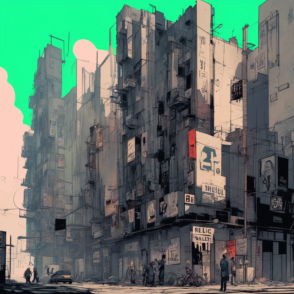 Graphic Illustration Creative Design Cyberpunk City neat buildings people relic lettering on the building Character Desi