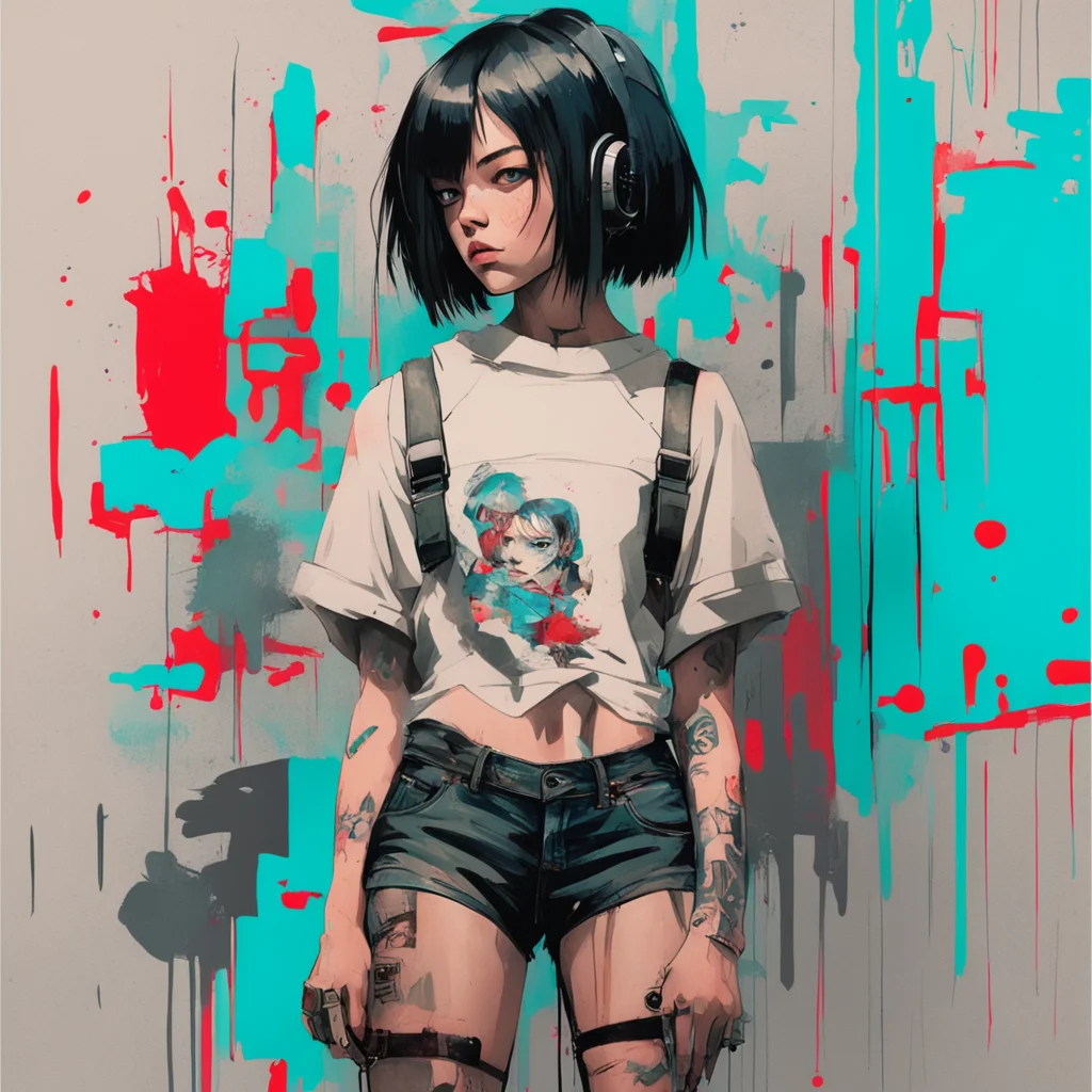 Graphic Illustration Creative Design Girl with bob undercut haircut Cyberpunk Full Body Portrait Character Design Graffi