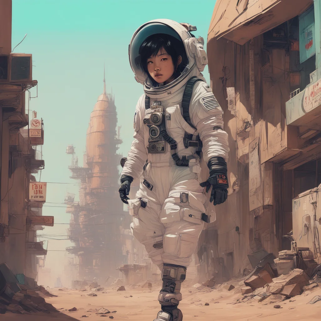 Graphic Illustration Creative Design asian girl astronaut in space suit full body dune Cyberpunk City neat buildings peo