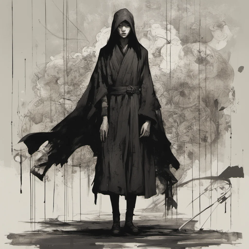 Graphic Illustration Creative Design korean female flowing black robes staff Full Body Portrait symmetrical body and face highly detailed graffiti Char